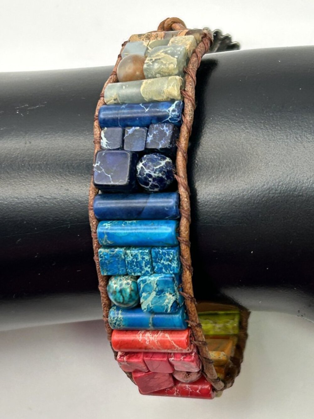 Boho Leather Wrap Bracelet Multicolor Jasper Quartz Gemstone Beaded Rainbow